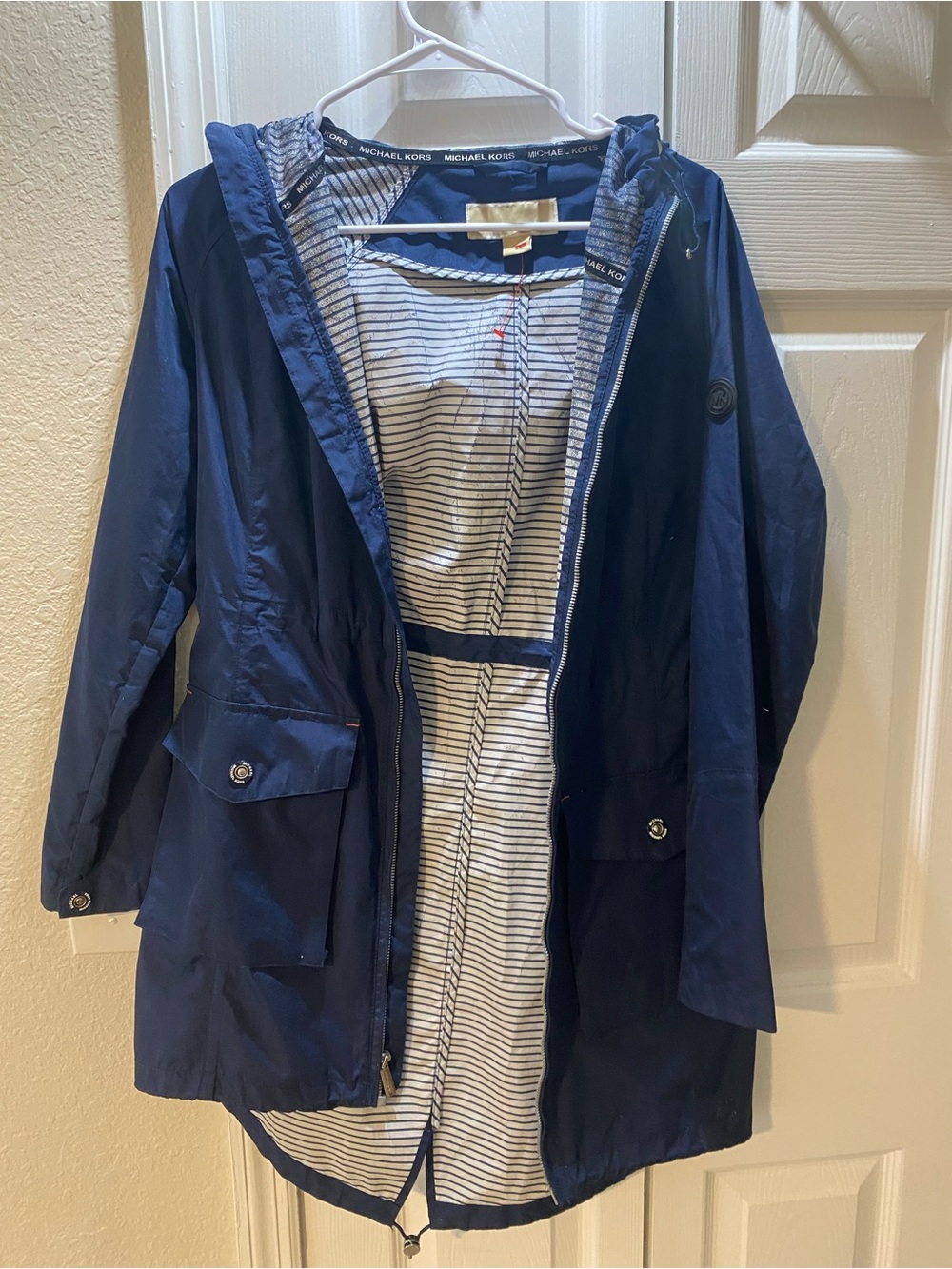 Michael Kors Navy Hooded Trench Raincoat with Striped Lining